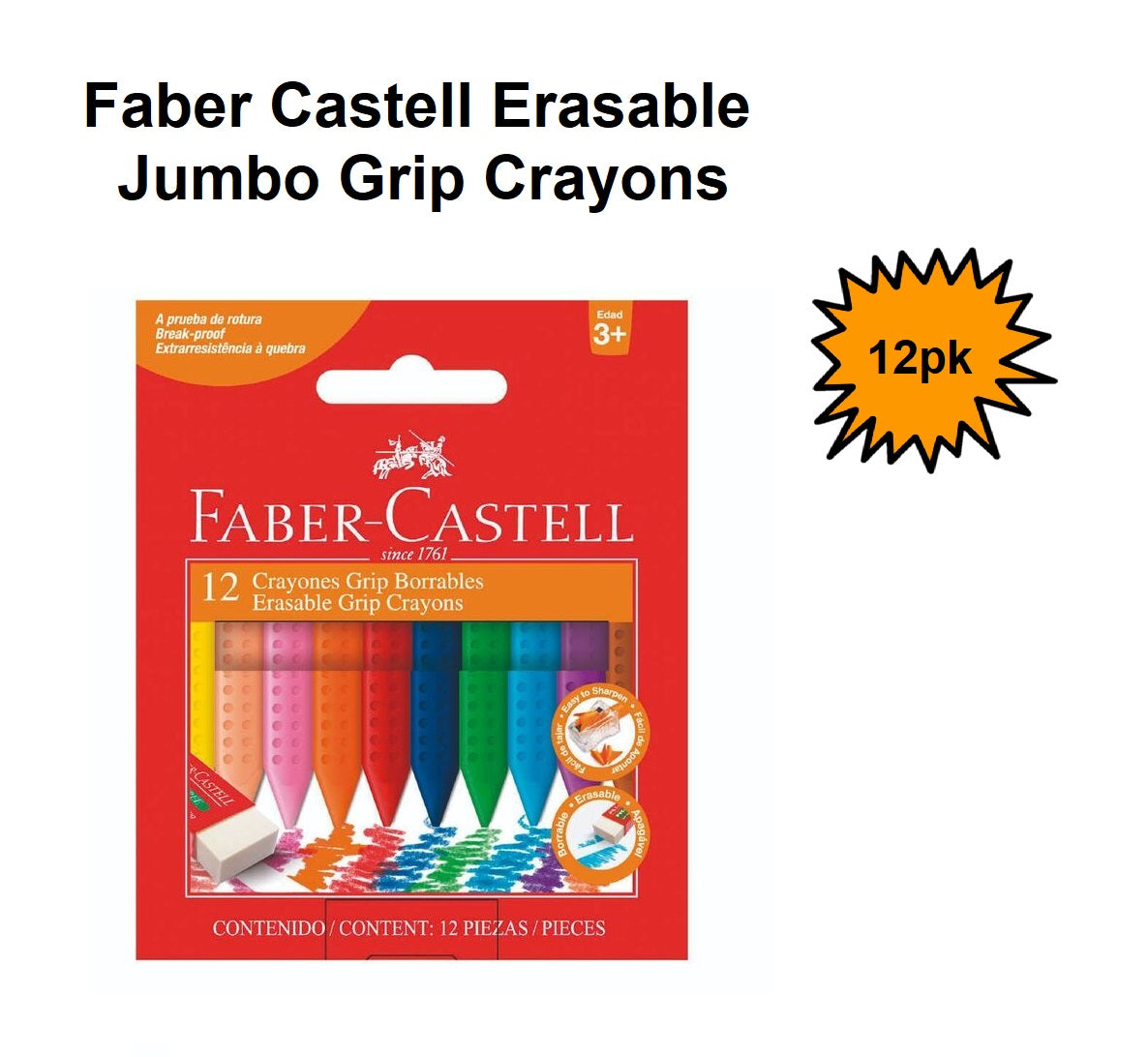 Faber Castell Erasable Jumbo Grip Crayons - 12's