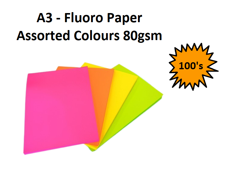 A3 - Fluoro Paper Assorted - 80gsm - 100's